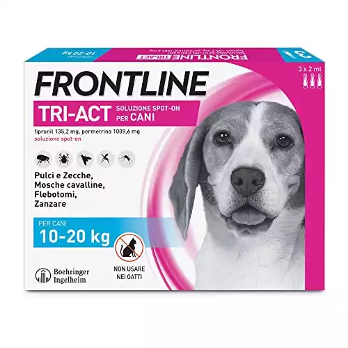 FRONTLINE Triact, 3 Pipette, Cane M (10 -20 Kg), Antiparassitario per Cani e Cuccioli di Lunga Durata, Protegge il Cane da Pulci, Zecche, Zanzare, Pappataci e Leishmaniosi, Antipulci 3 Pipette