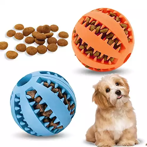 Vordpe 2 pezzi dispenser interattivo per cani, palla di gomma giocattolo per cuccioli di piccola taglia per la pulizia dei denti della noia (6 cm, blu, arancione)